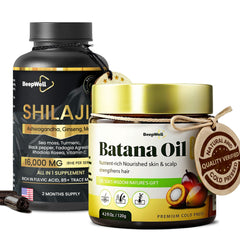 BeepWell Shilajit Capsules + Batana Oil Combo – Hair & Wellness Support – 60 Capsules + 4.2 fl oz Unrefined Oil