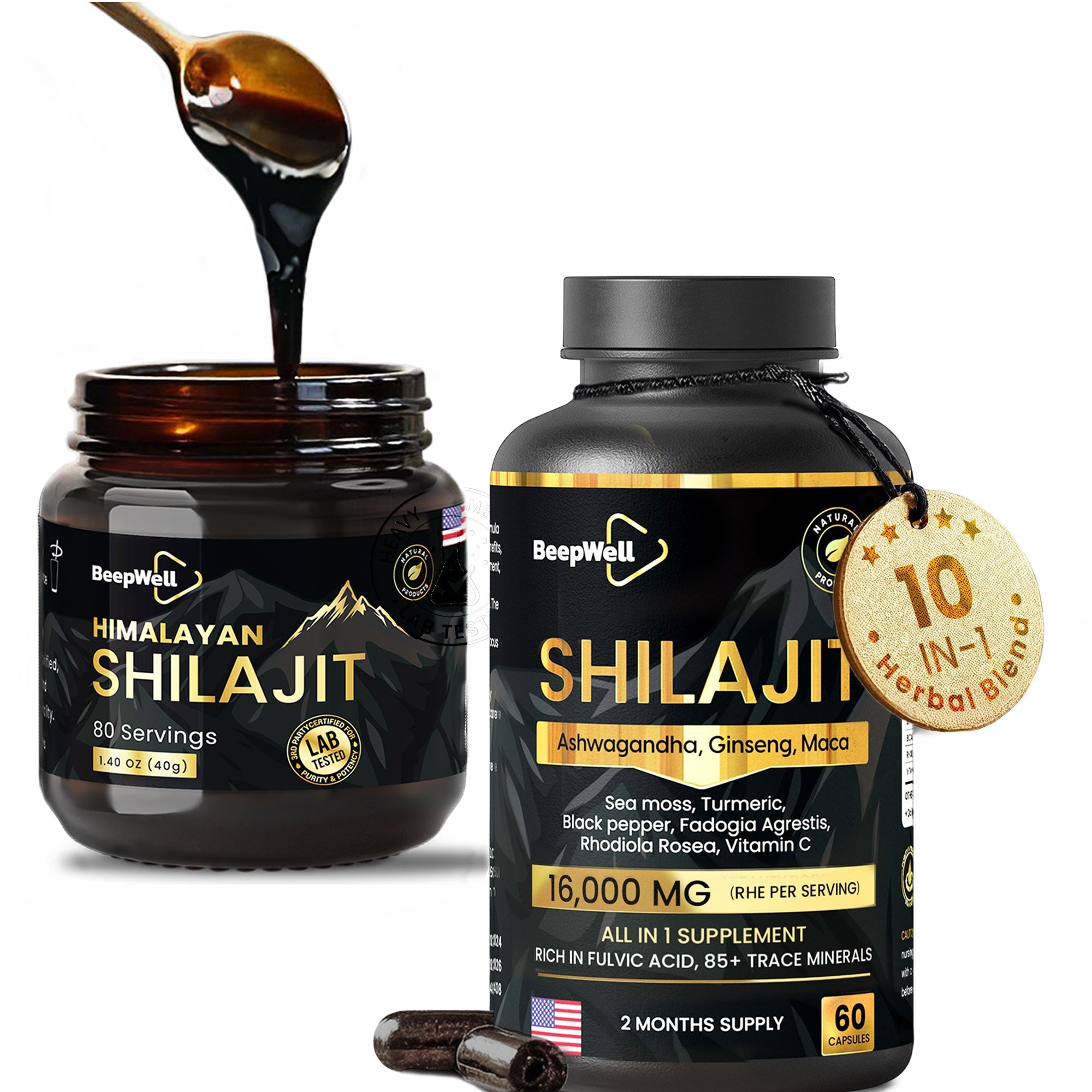 BeepWell Shilajit Resin + Capsules Combo – Himalayan Resin (80 Servings) + Capsules with Ashwagandha & Sea Moss (60 Count)