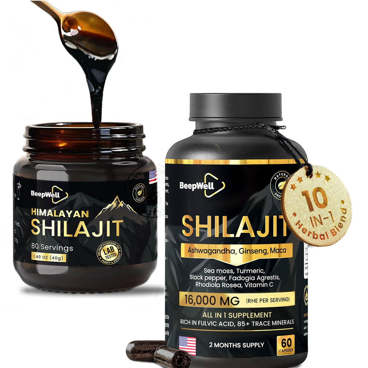 BeepWell Shilajit Resin + Capsules Combo – Himalayan Resin (80 Servings) + Capsules with Ashwagandha & Sea Moss (60 Count)