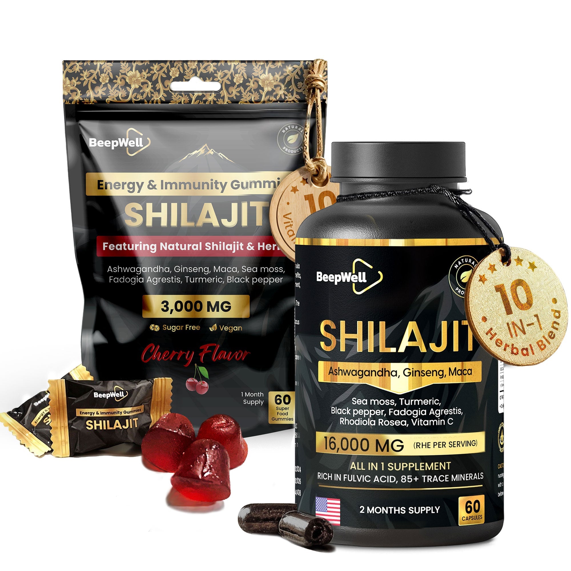 BeepWell Shilajit Capsules 16,000MG – High Strength Daily Blend with Ashwagandha, Sea Moss, Maca & Fulvic Acid – 60 Vegan Capsules for Vitality & Balance