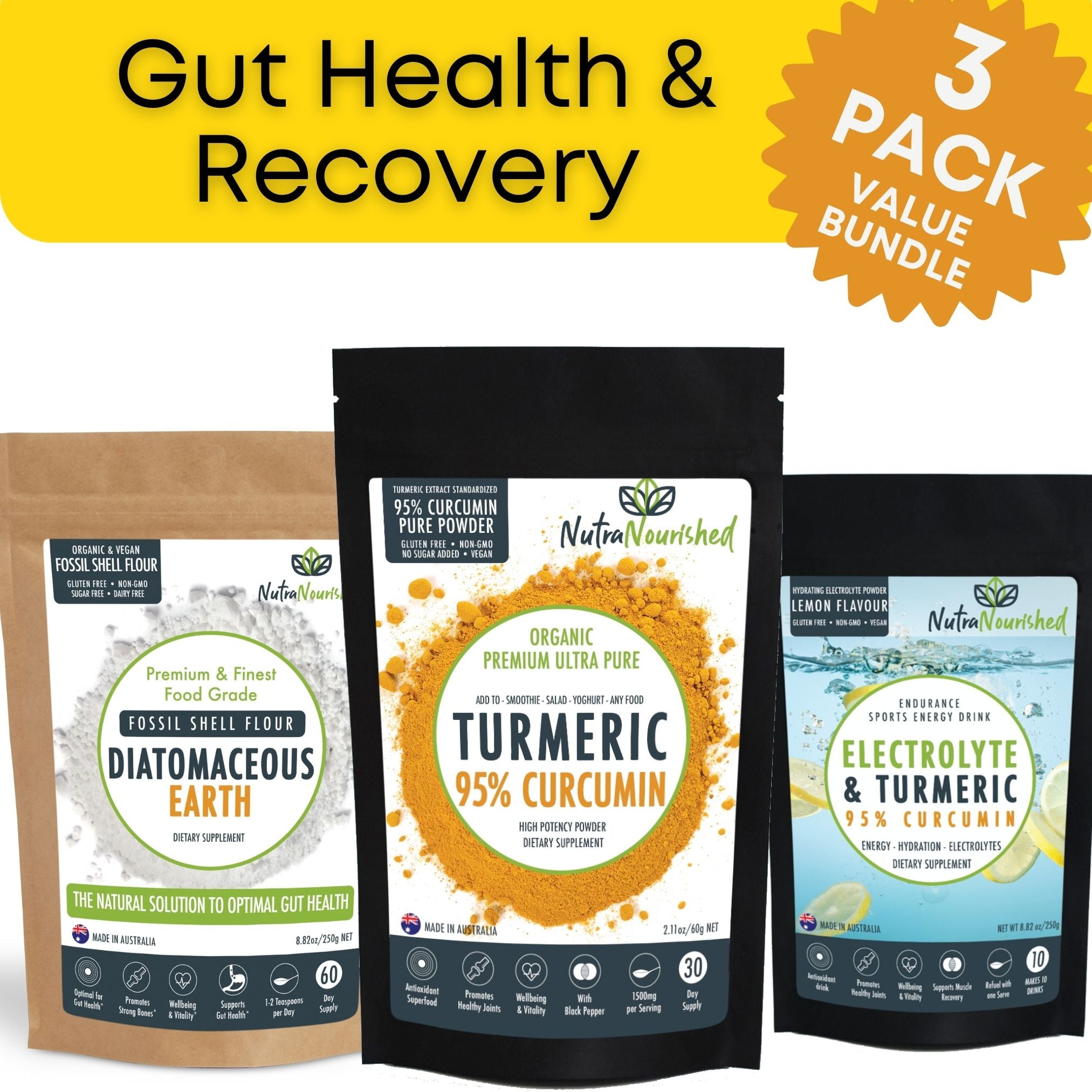 Good Gut Health & Faster Recovery | Fossil Shell Flour, Curcumin, Electrolyte Powder
