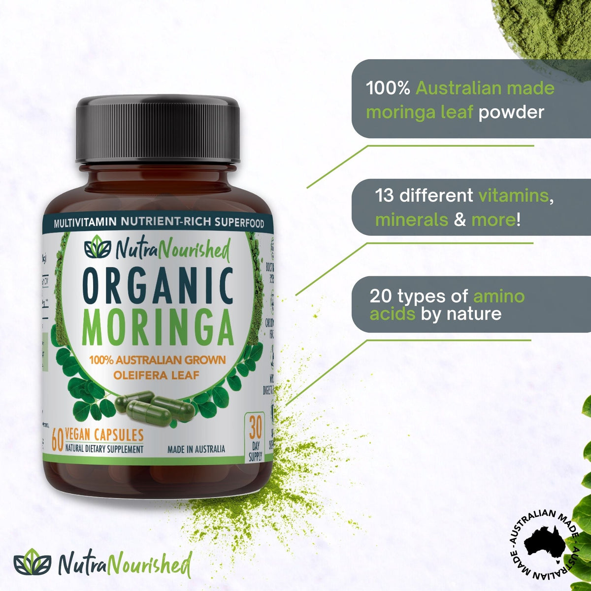 Organic Pure Moringa Leaf Capsules | 60 Vegan Capsules